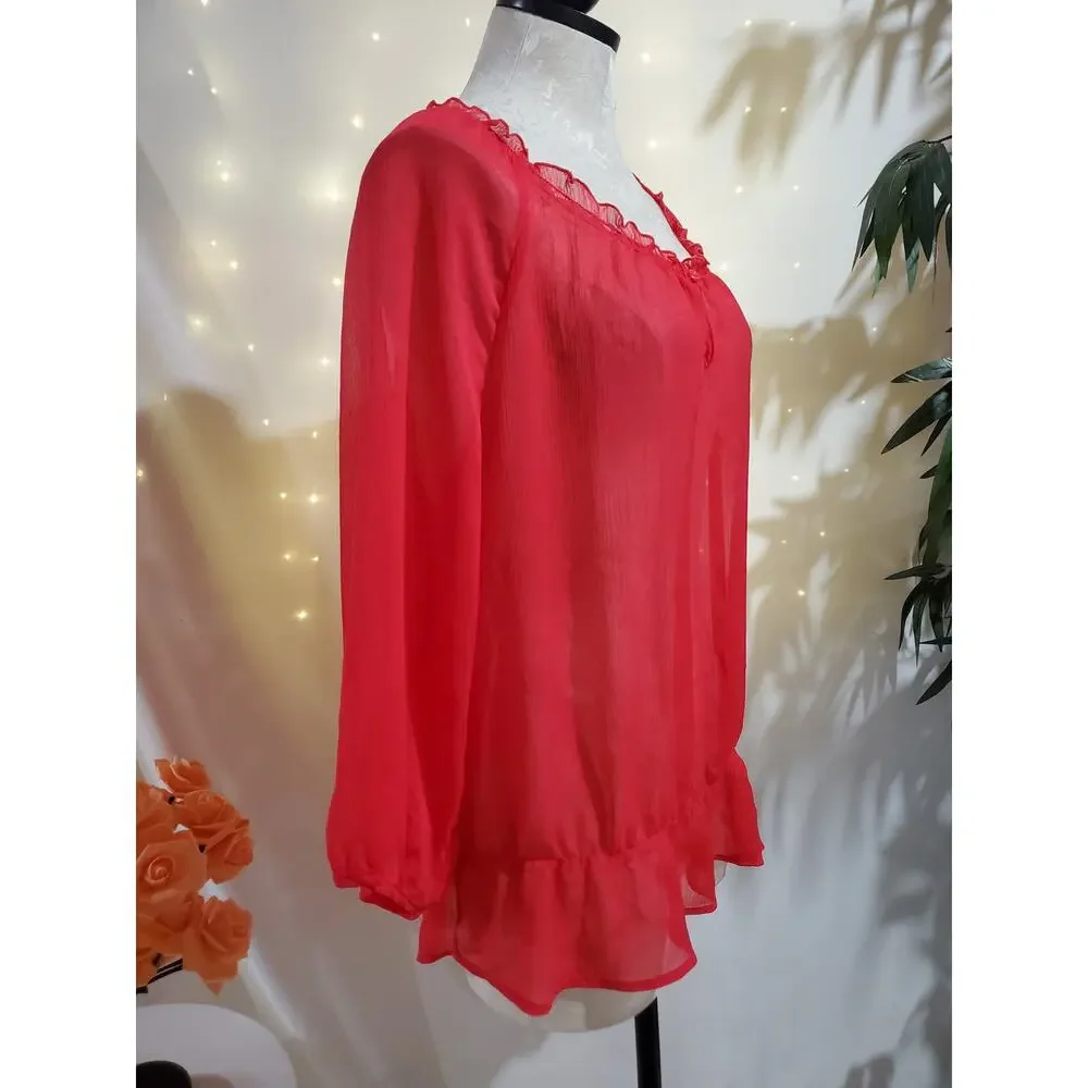 Old Navy Sheer Ruffle Chiffon Puff Sleeve Peasant Blouse Womens Size XXL Pink